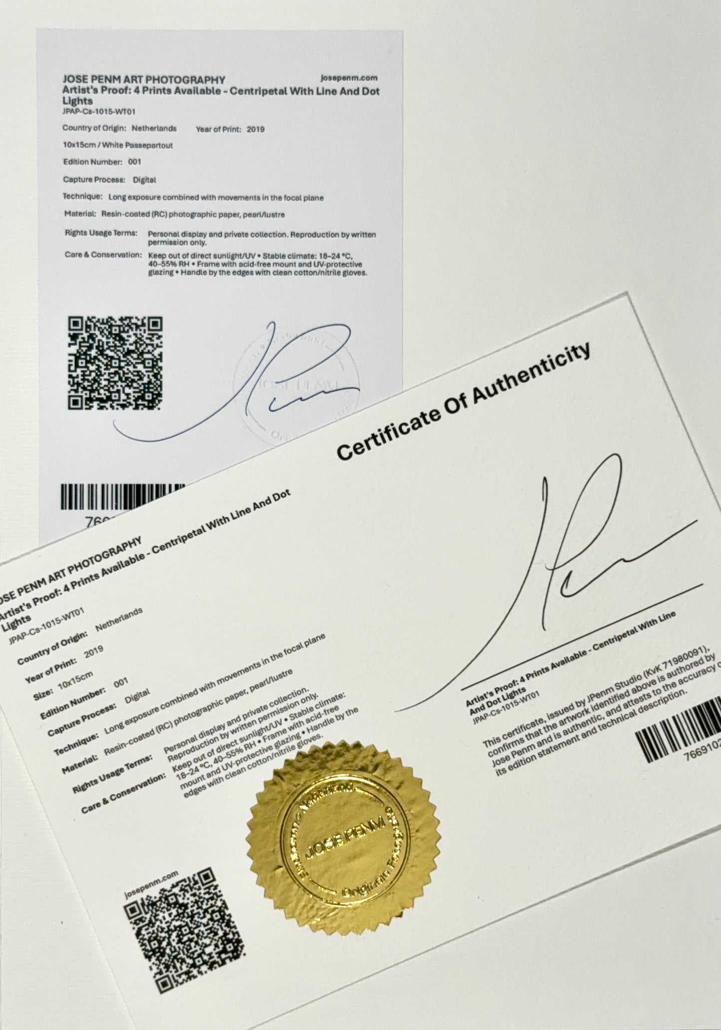 Jose Penm Two certificates of authenticity with a gold seal and signature on a white background