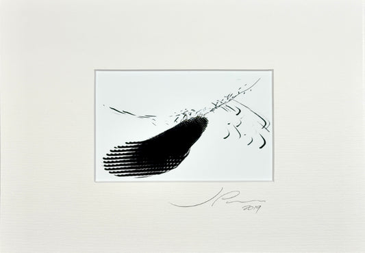 Jose Penm Black ink feather on a white background with a signature at the bottom right corner.