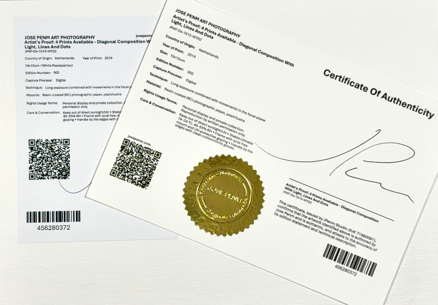 Jose Penm Certificate of Authenticity with a gold seal and QR code on a white background