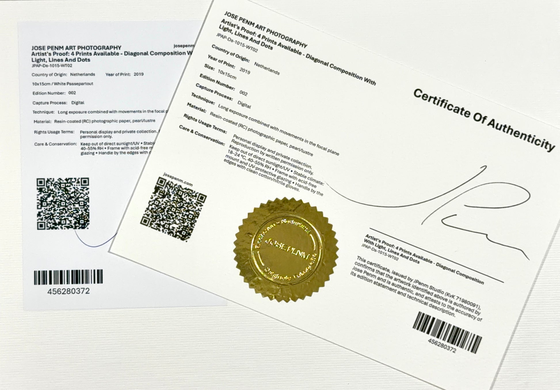 Jose Penm Certificate of Authenticity with a gold seal and QR code on a white background
