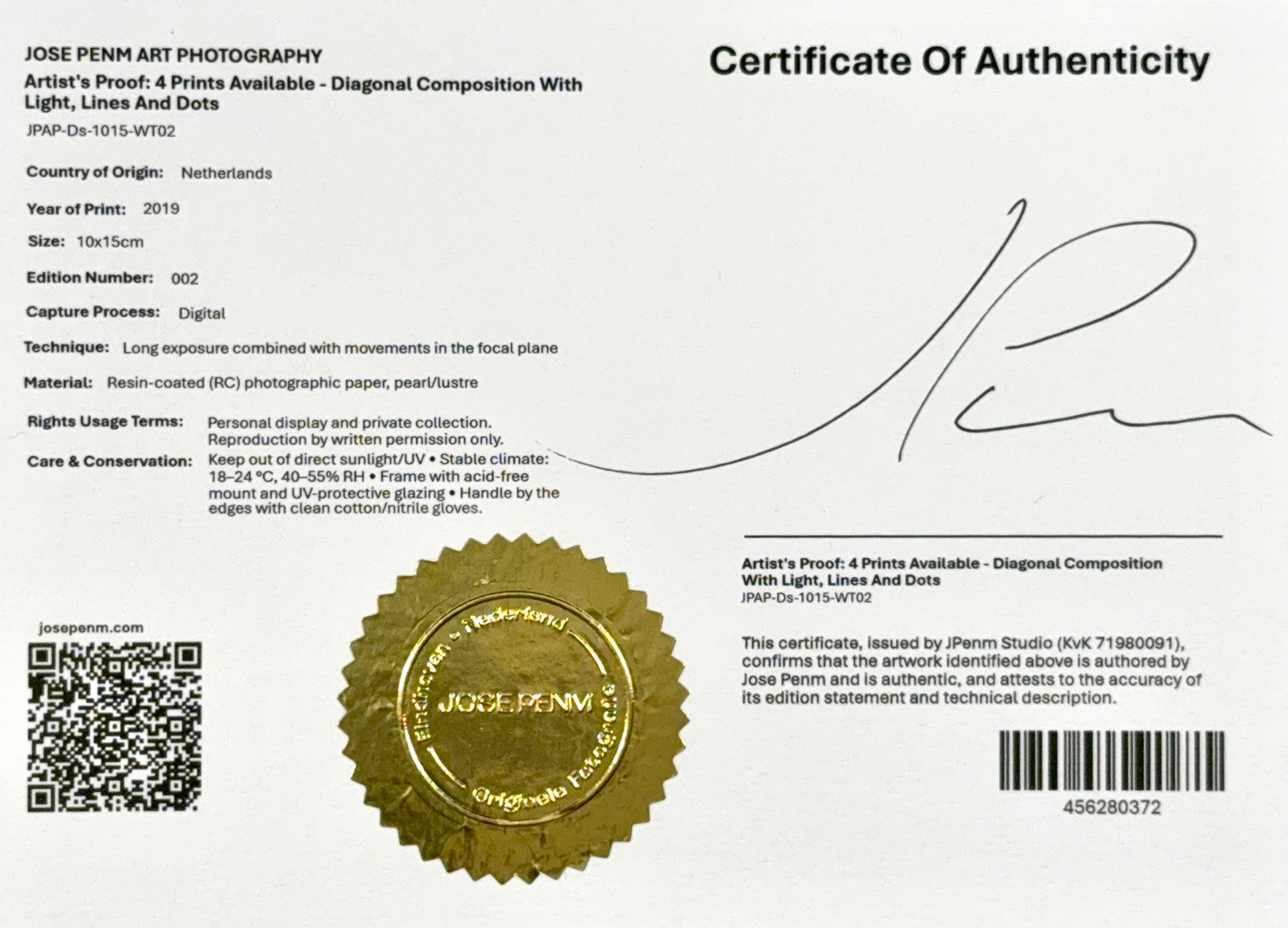 Jose Penm Certificate of Authenticity with a gold seal and signature on a white background