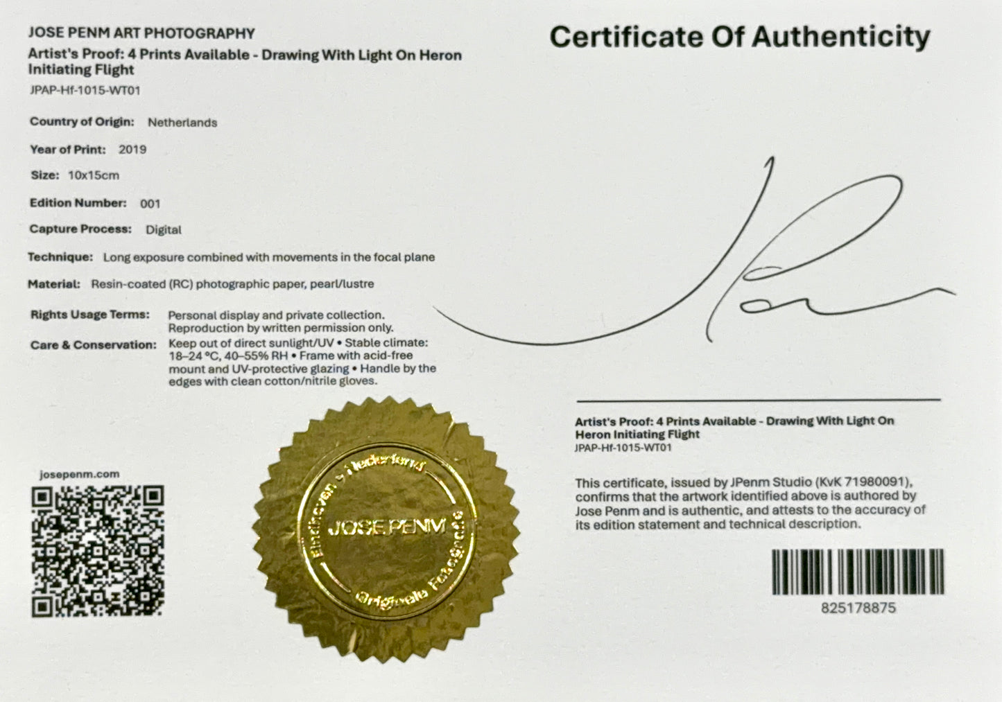 Certificate of Authenticity for a Jose Penn art print with a gold seal and signature.