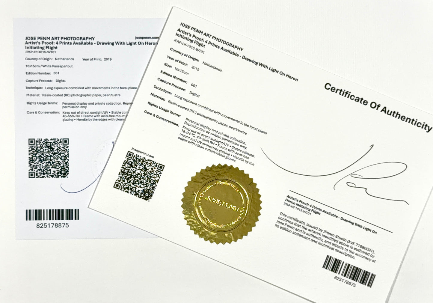 Jose Penm Certificate of Authenticity with QR codes and a gold stamp on a white background