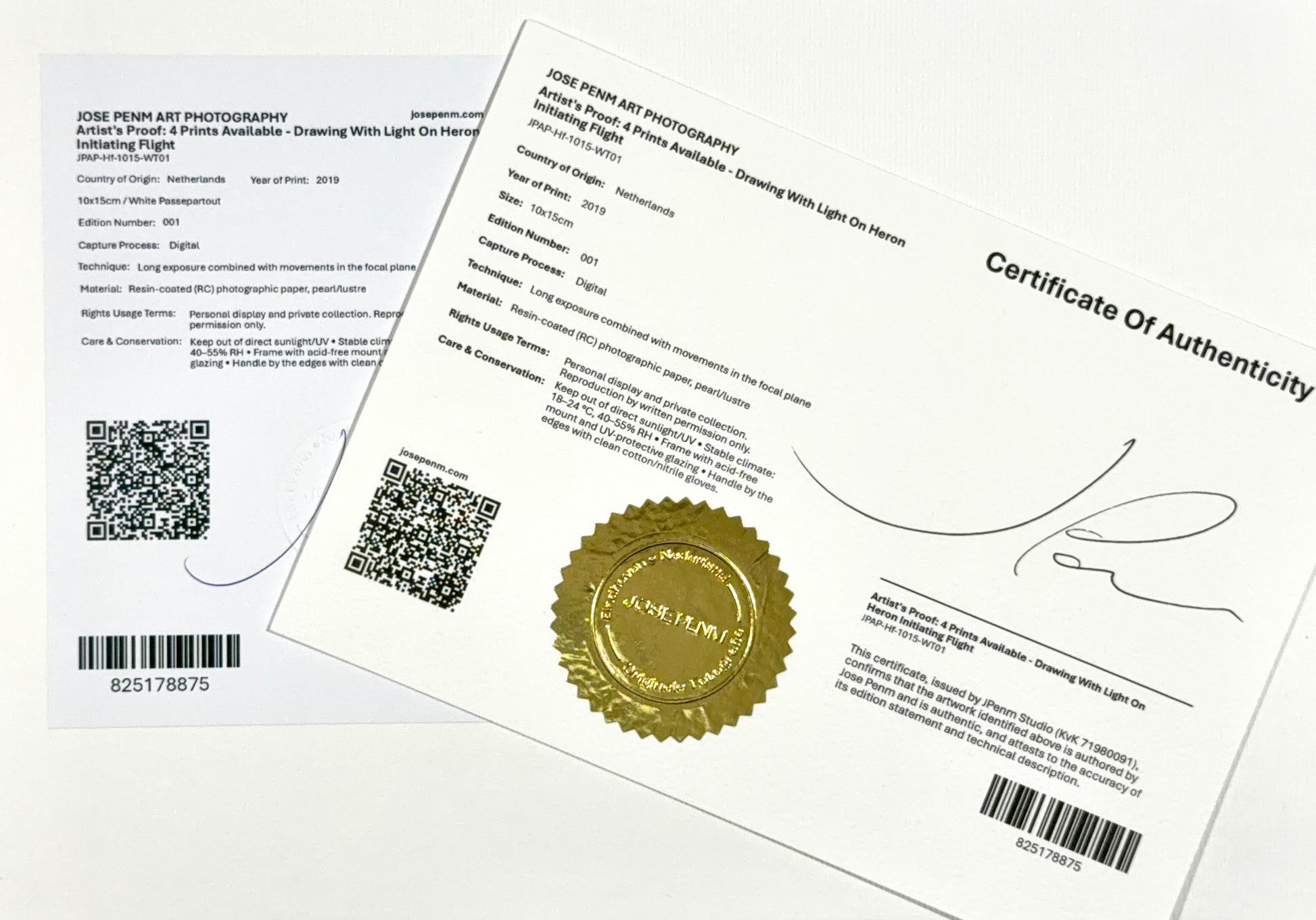 Jose Penm Certificate of Authenticity with QR codes and a gold stamp on a white background