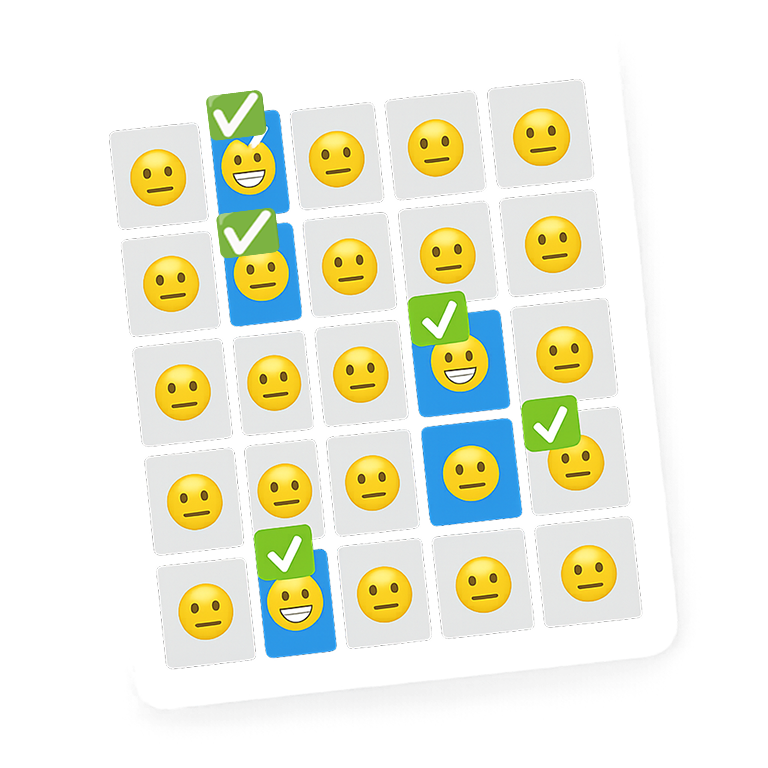 Set of emoji stickers with smiley faces and check marks on a white background