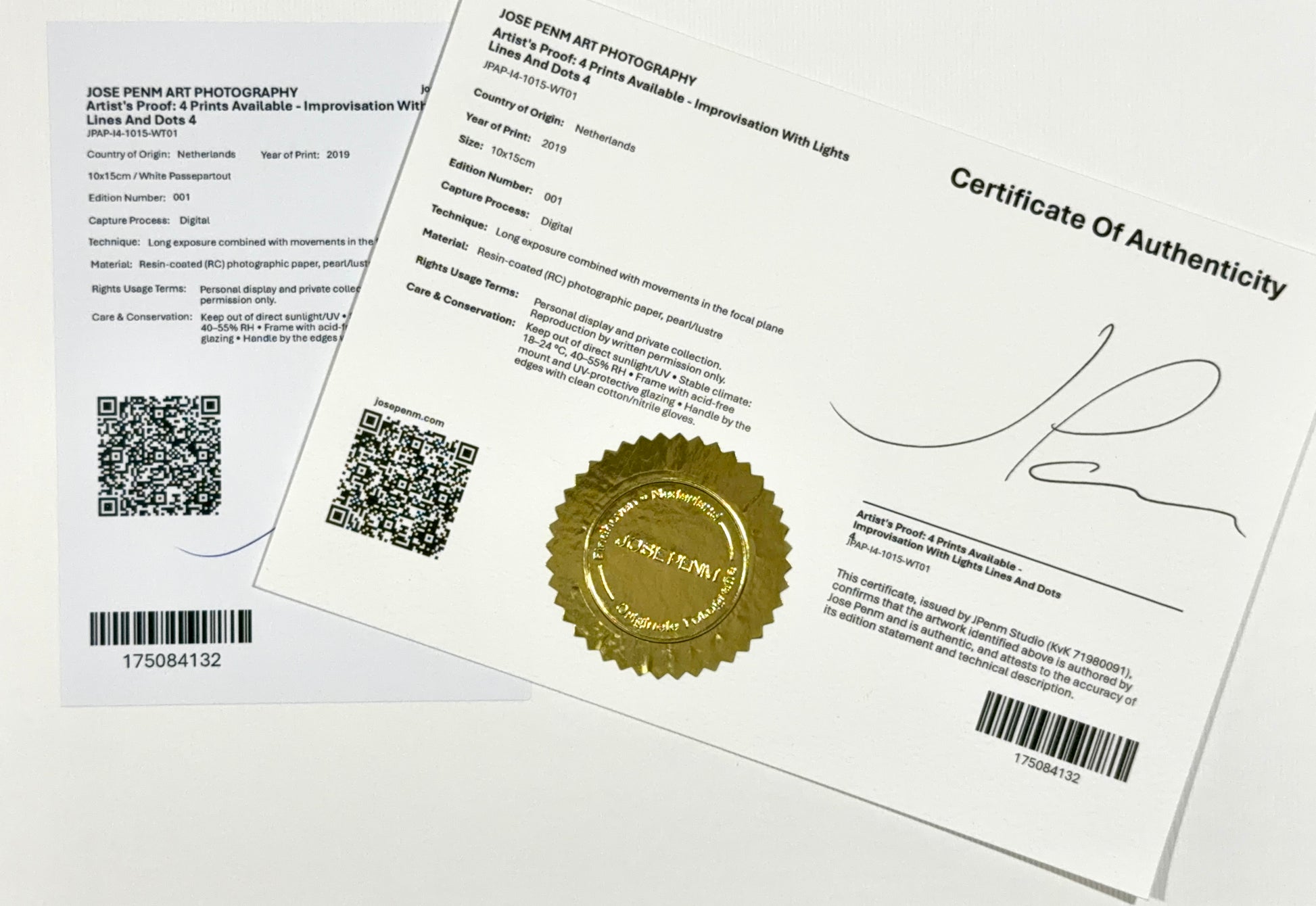 Jose Penm Certificate of Authenticity with a gold stamp and signature on a white background