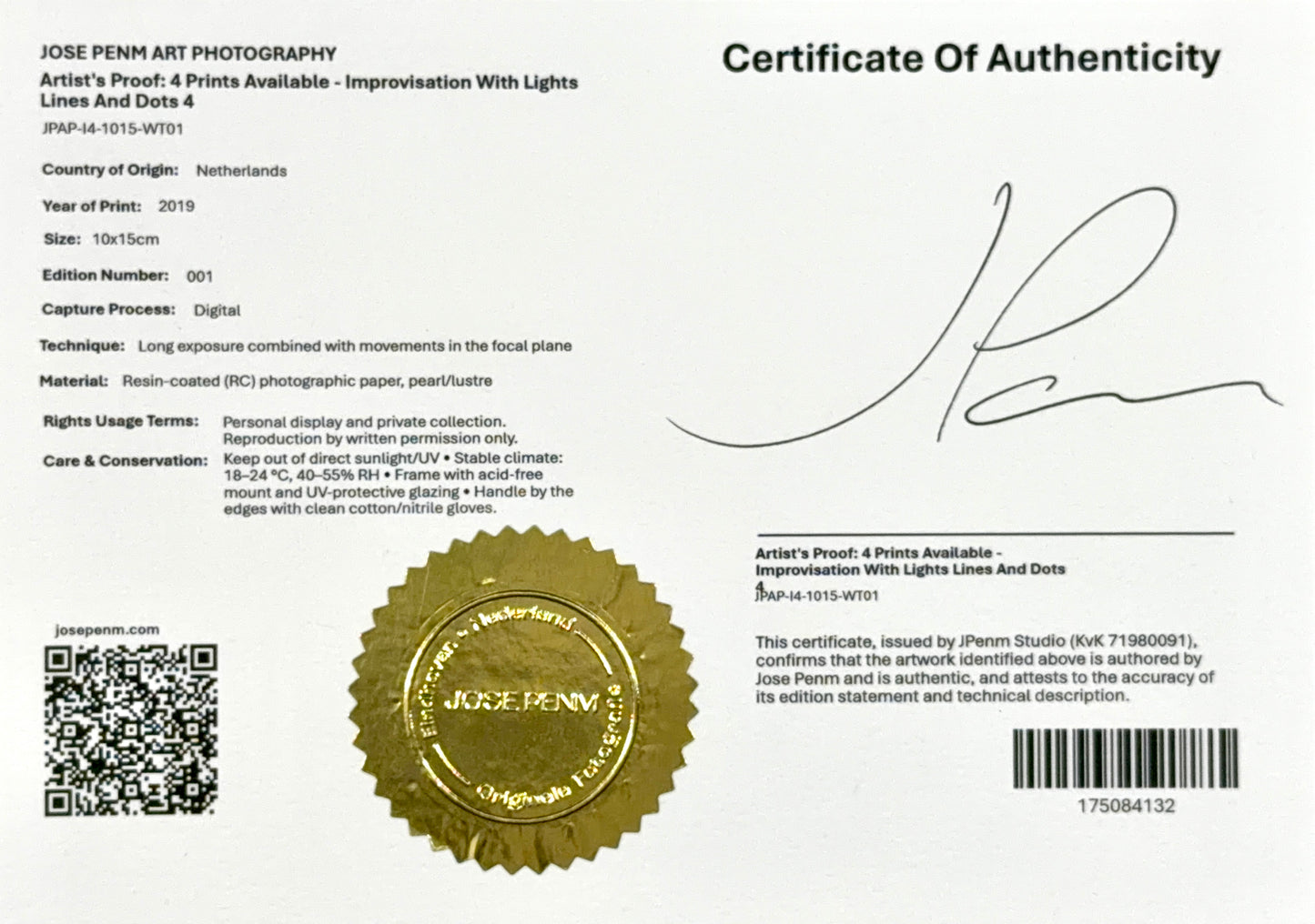 Certificate of Authenticity for a Jose Penm art photography print with a gold seal and signature.