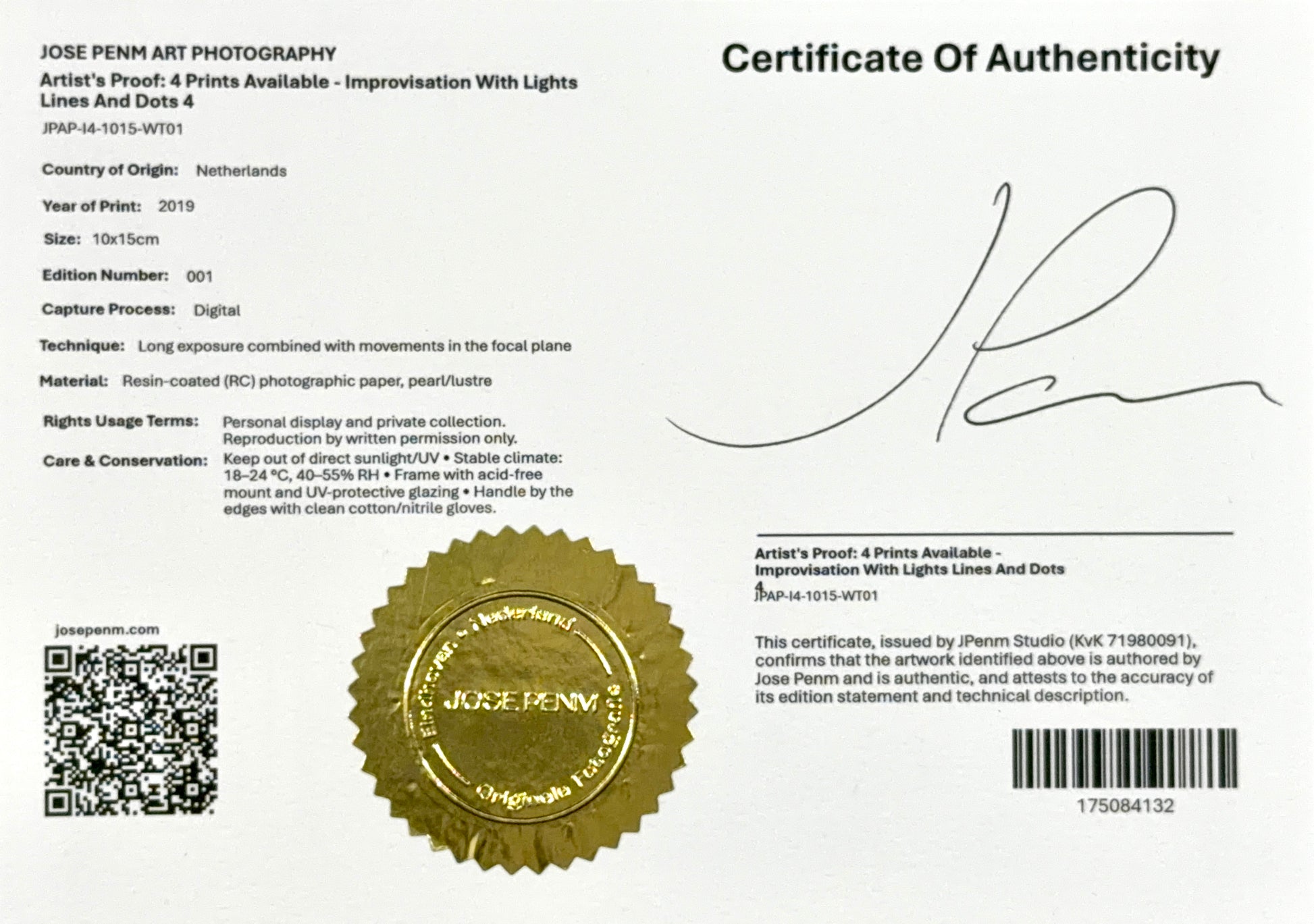 Certificate of Authenticity for a Jose Penm art photography print with a gold seal and signature.