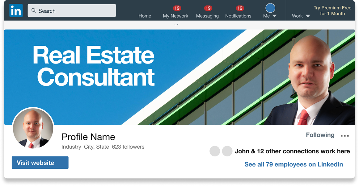 LinkedIn profile of a real estate consultant with a professional photo and title.