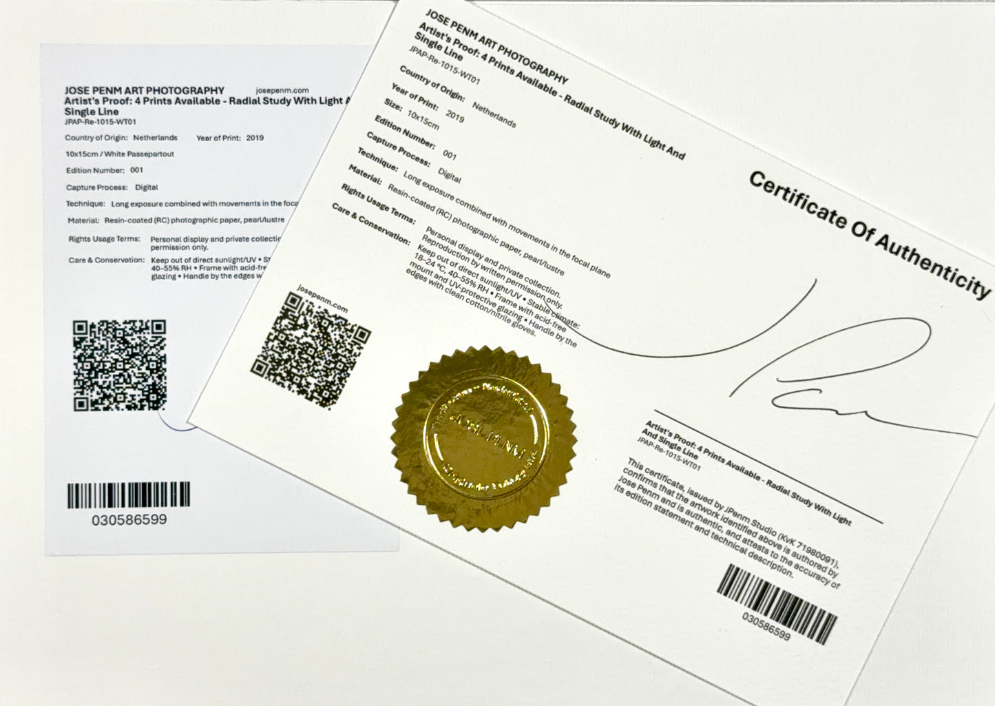 Jose Penm Certificate of Authenticity with a gold seal and QR code on a white background