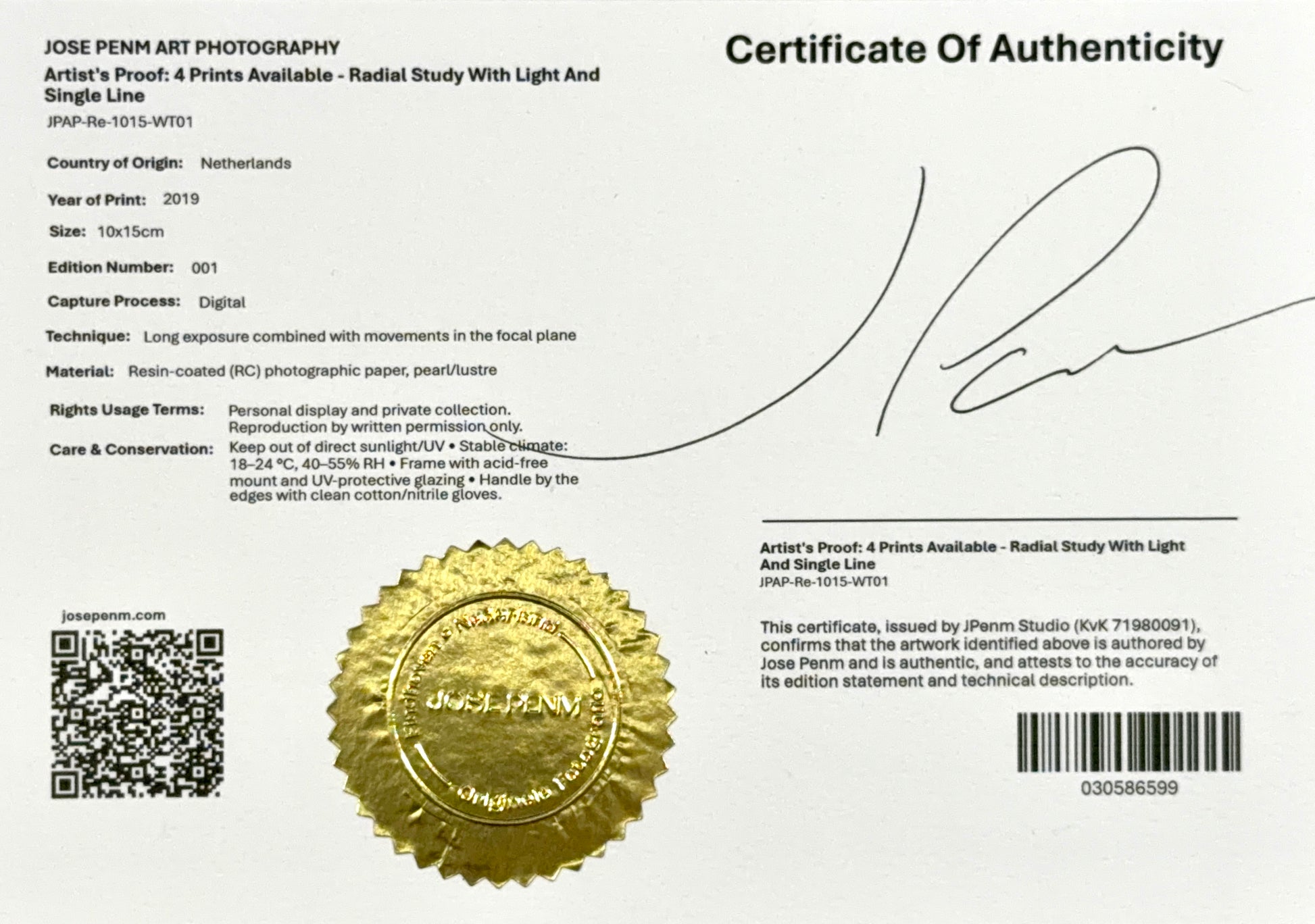 Jose Penm Certificate of Authenticity with a gold seal and signature on a white background