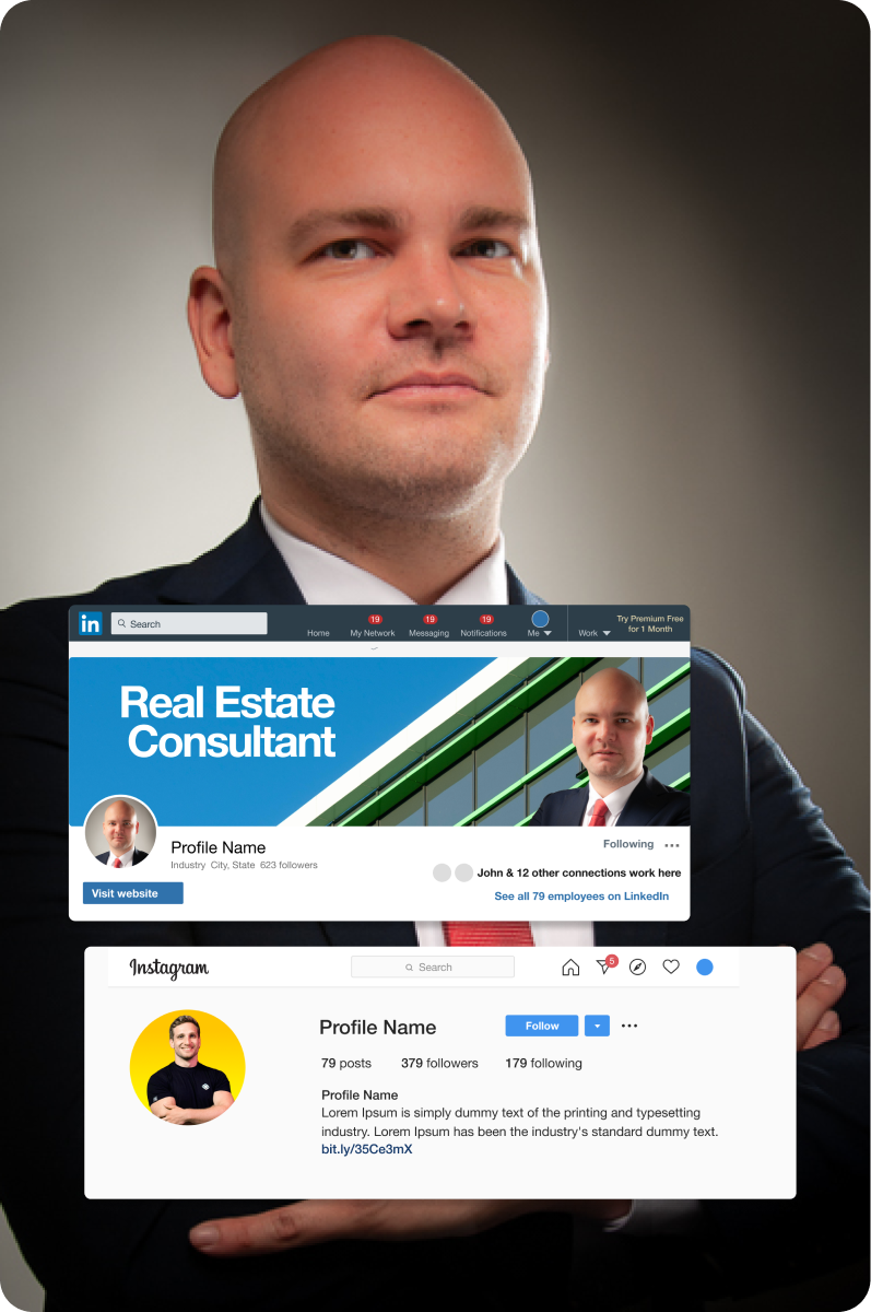 Man holding a tablet displaying social media profiles with 'Real Estate Consultant' and 'Instagram' branding.